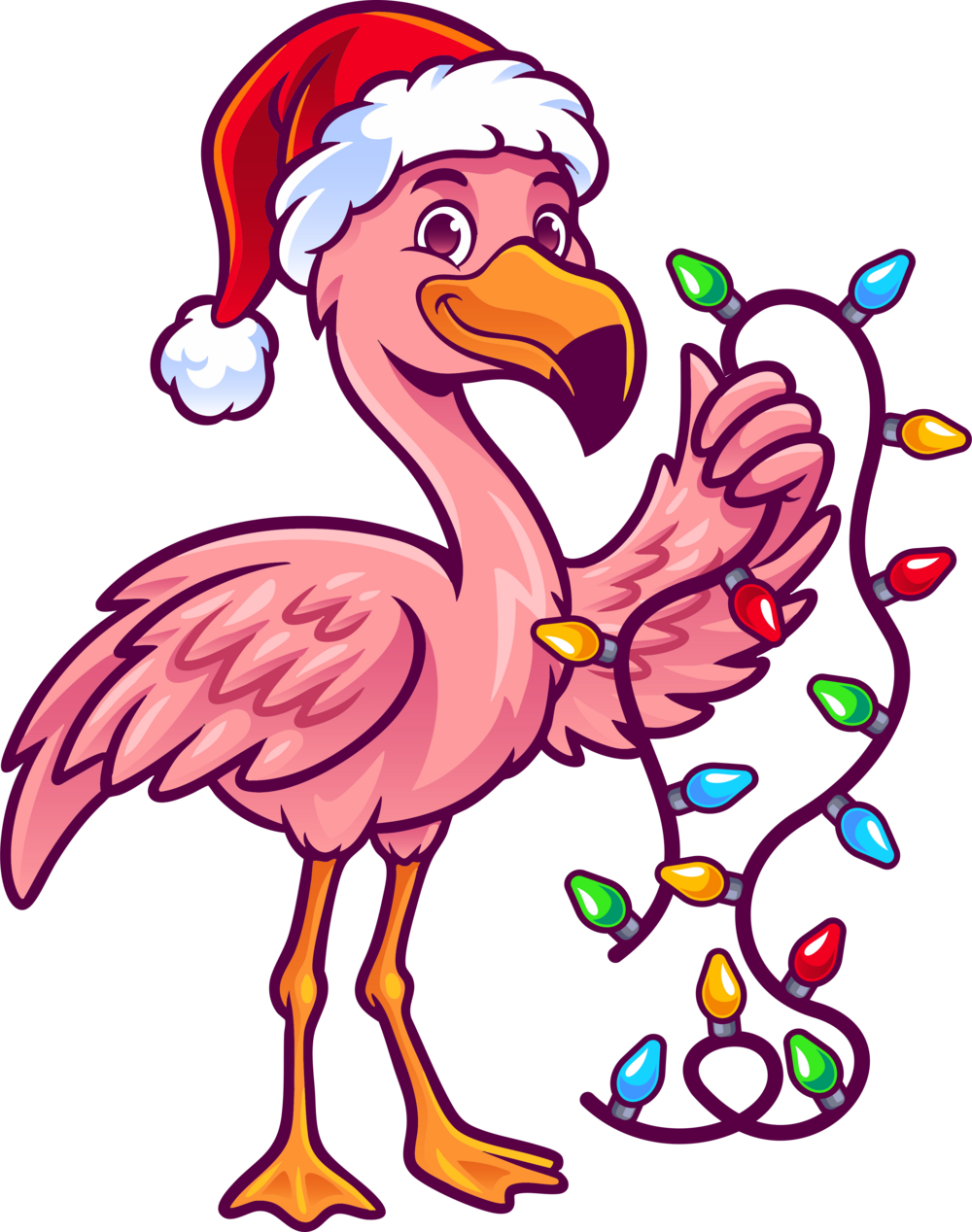 Paradise Holiday Lights mascot flamingo holding string lights